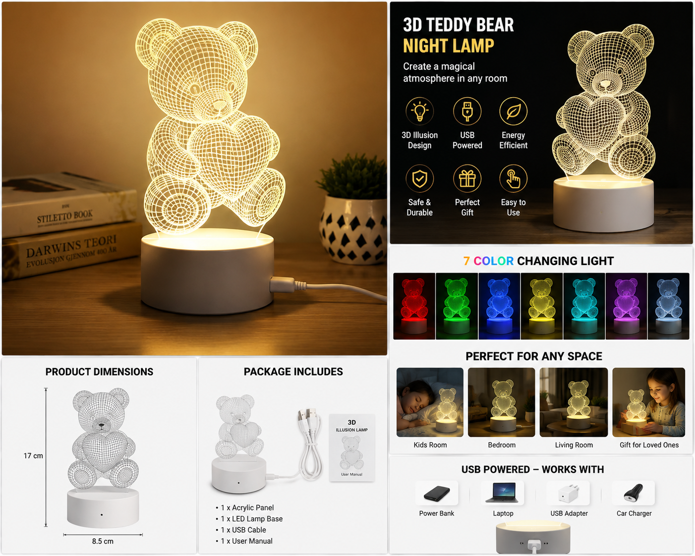 3D Teddy Bear Night Lamp